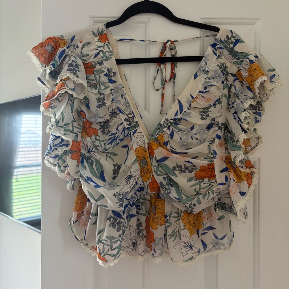 Vestique Floral Ruffle Blouse in Orange and Blue